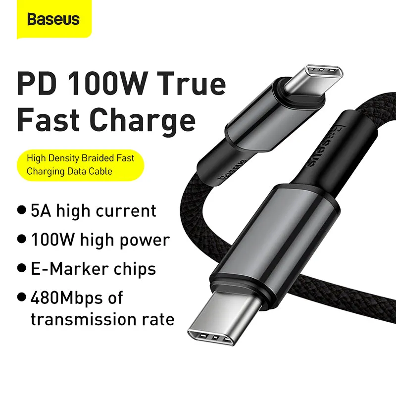 Baseus 100W 2M USB-C To USB-C PD Fast Charging Cable - Black, Support Up To 100W(20V/5A) PD Fast Charging