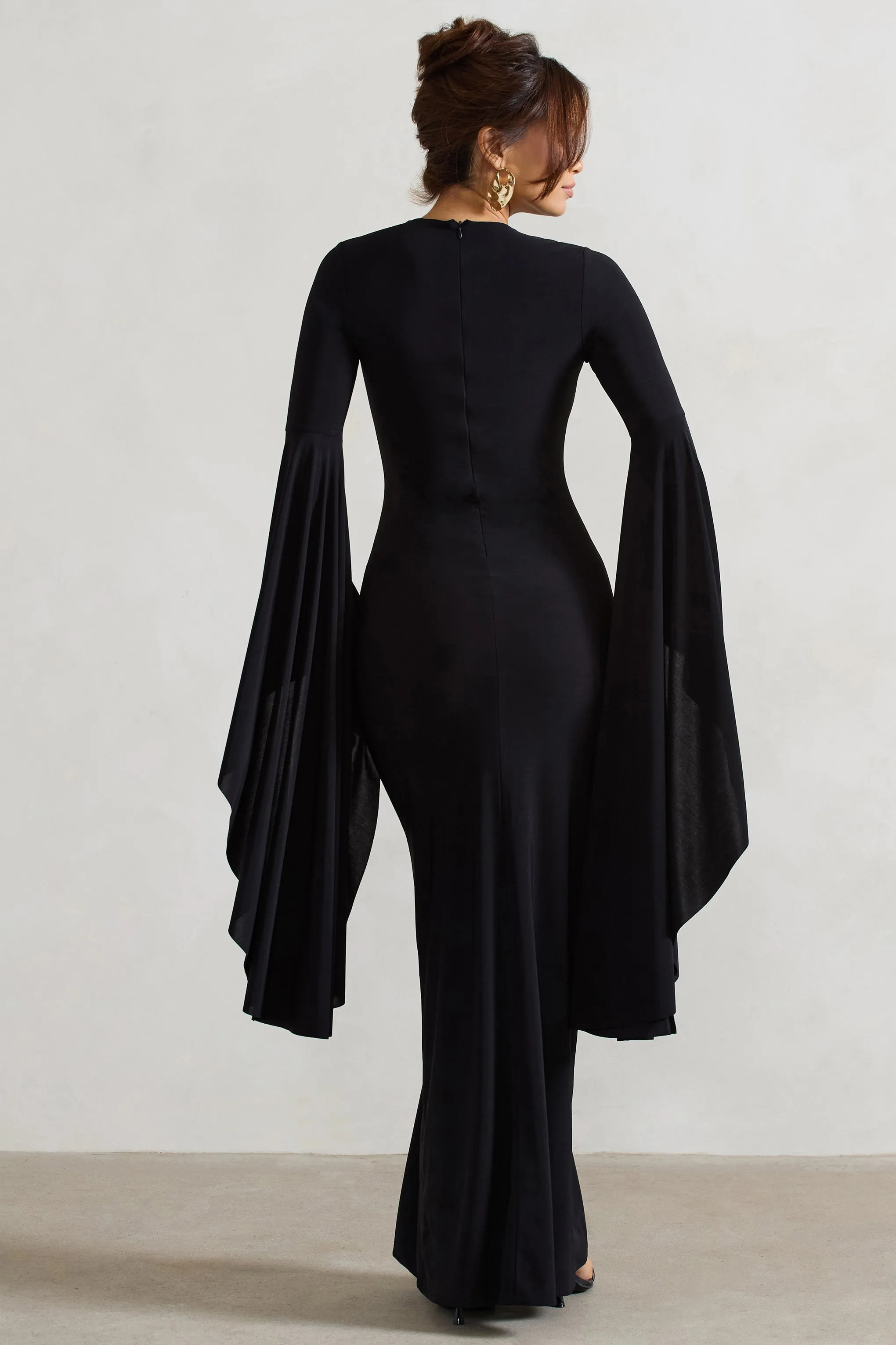 Modena | Robe longue noire avec manches cascade