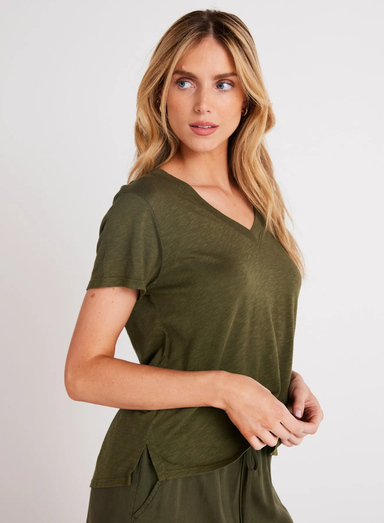 Side Slit V-Neck Tee - Italian Herb