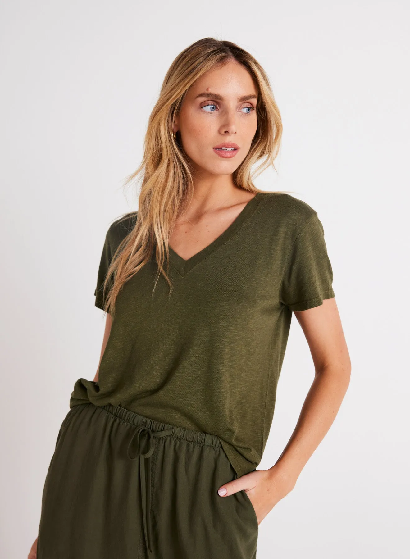 Side Slit V-Neck Tee - Italian Herb